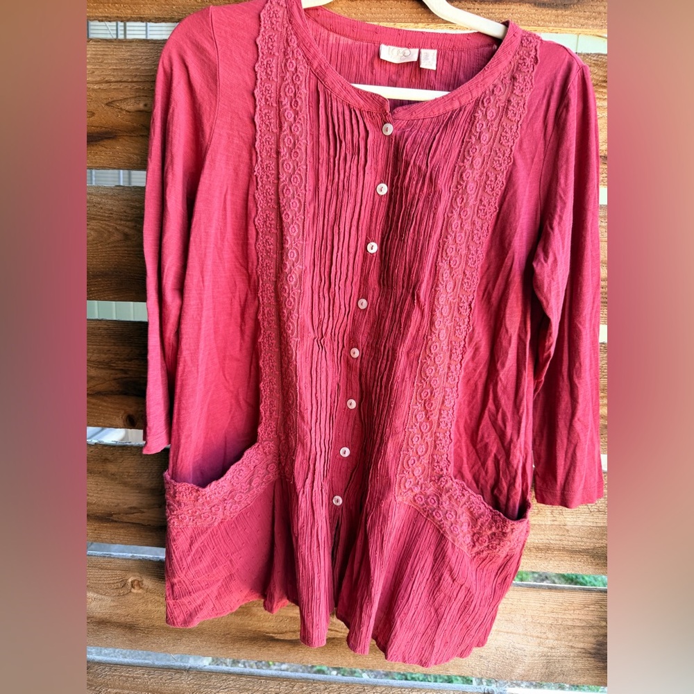 LOGO by Lori Goldstein Pink Red Lace Button-Down Blouse